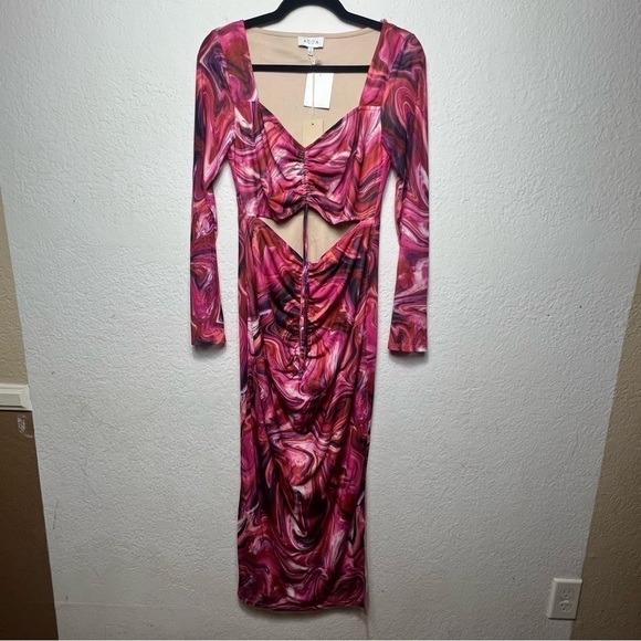 ACOA Printed Mesh Cutout Midi Dress NEW - Picture 1 of 8